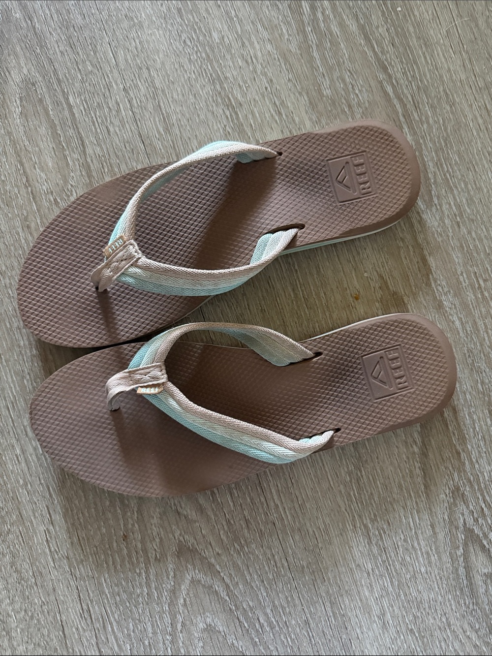Reef Brown Flip Flops with Mint and Beige Straps